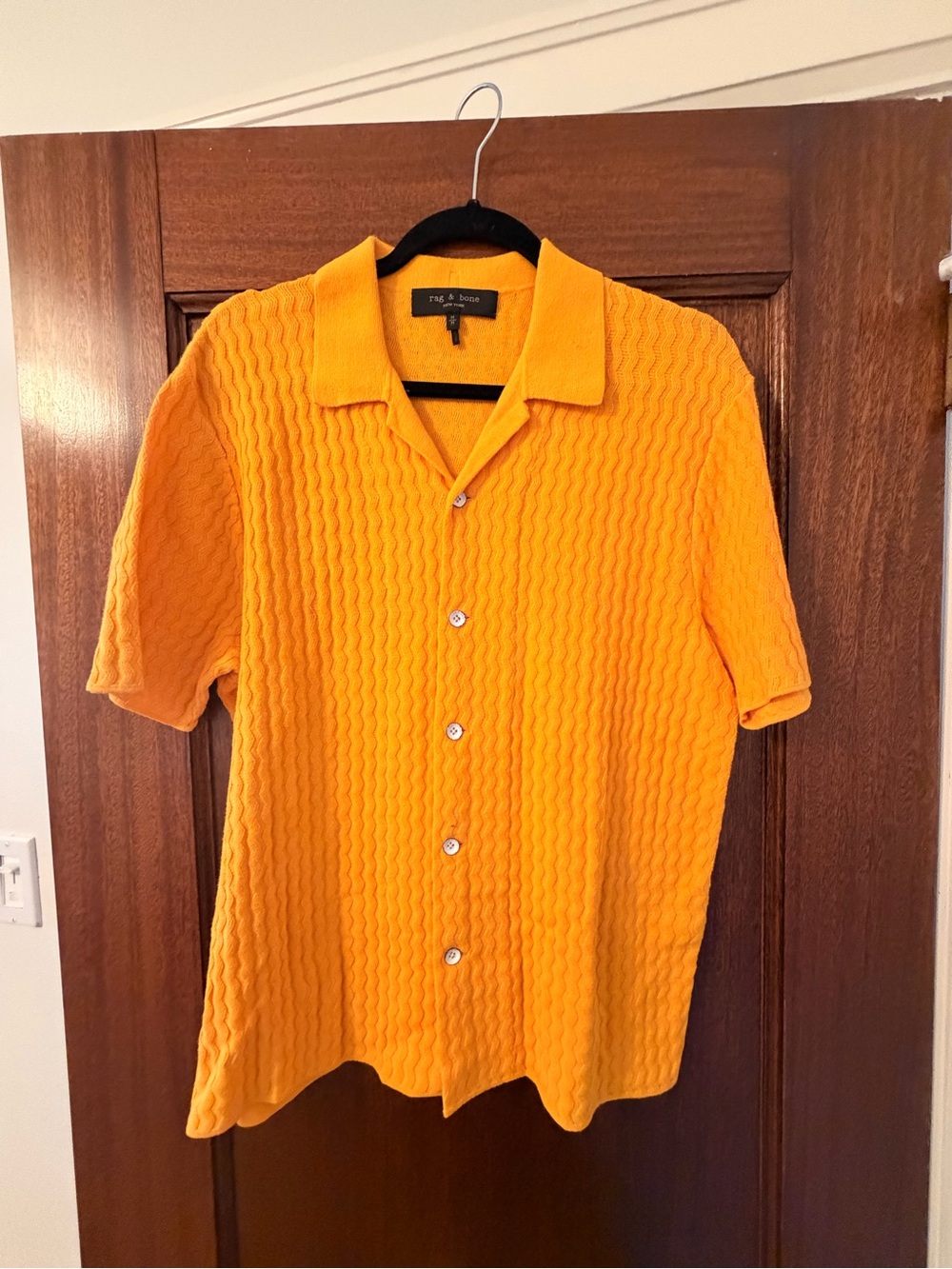 rag & bone Short-Sleeve Textured Knit Button-Down in Bright Orange